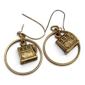 Vintage Petite Gold Tone Cash Register Hoop Earrings Locking French Hooks